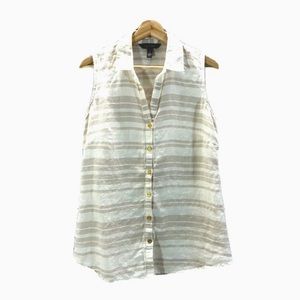 Ellen Tracy Striped Linen Top Button Front Sleeveless Cream White Sz M